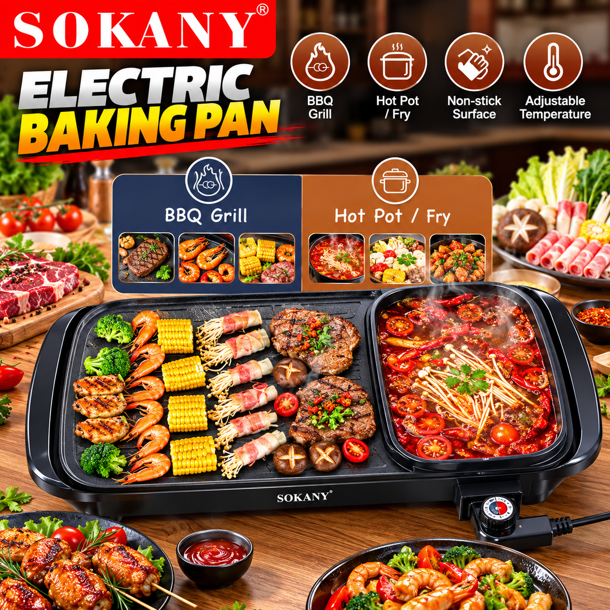 Sokany Electric Barbecue Grill 2200W 2 In 1 Indoor Non-Stick – Steaks SK-2208 Black
