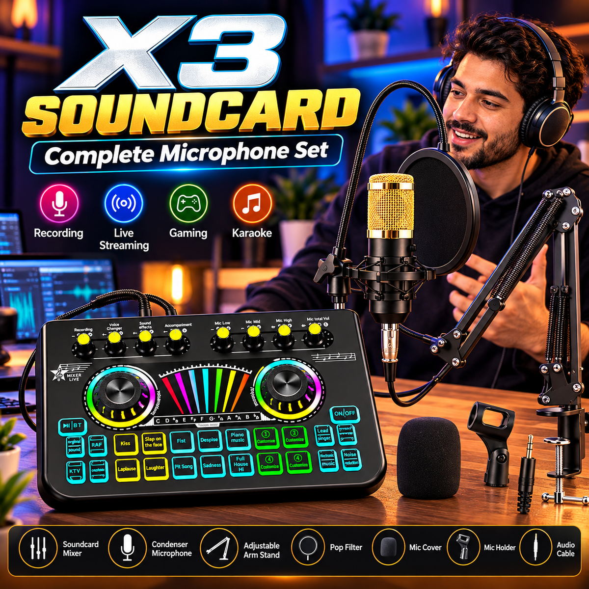 X3 Sound card With BM800 Complete Microphone Set – RGB Audio Mixer for Podcasting, Gaming, Recording & Live Streaming