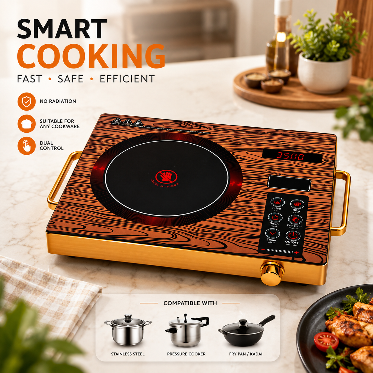 Smile Bella | 3500W Infrared Electric Stove  - 4 Digit LED display digital cooker, Timer system, Touch and Knob control Induction Cooker with Over Heat Protection,Ceramic Heating Element SA-24084