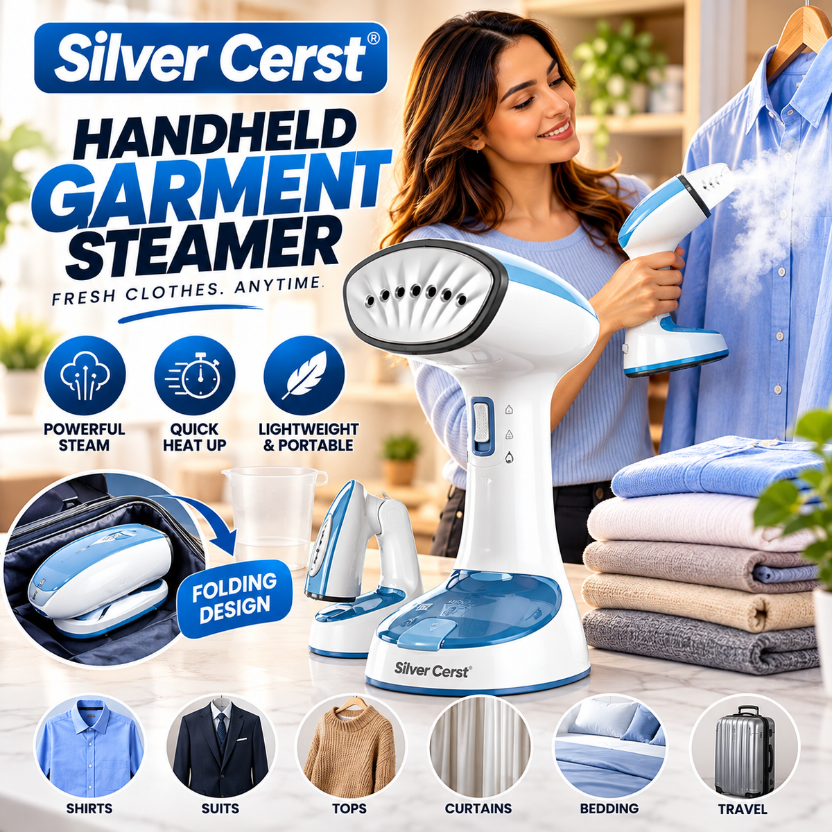 Sliver Cerst 1500W Portable Handheld Garment Steamer for Clothes, Foldable Travel Detachable Water Tank & Fabric Brush | 25796