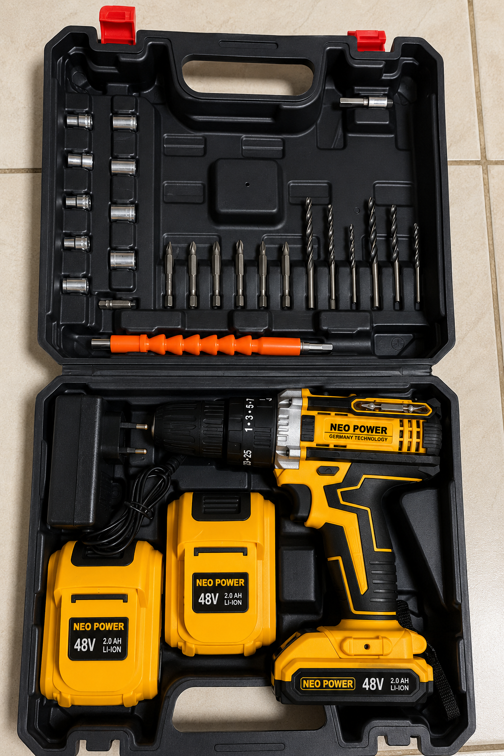 Neo Power 48V Cordless Power Drill Set – 2 Batteries, Charger & 28-Piece Tool Kit | Germany Technology