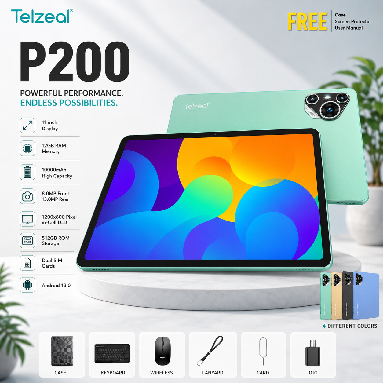 Telzeal P200 11-Inch Android 13 Tablet | 12GB RAM + 512GB Storage | 10000mAh Battery | Dual SIM 4G LTE | Wireless Keyboard & Mouse Bundle | Slim Design