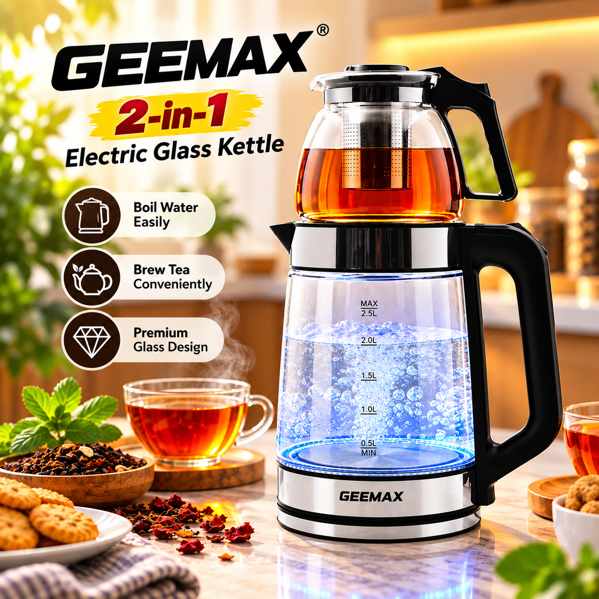 GEEMAX  2-in-1 Electric Glass Kettle,Clear, 2.5L Water Boiler with 1L Teapot, Tea Strainer, Fast Boil, Auto Shut-Off, Cordless Base | GMC 2002