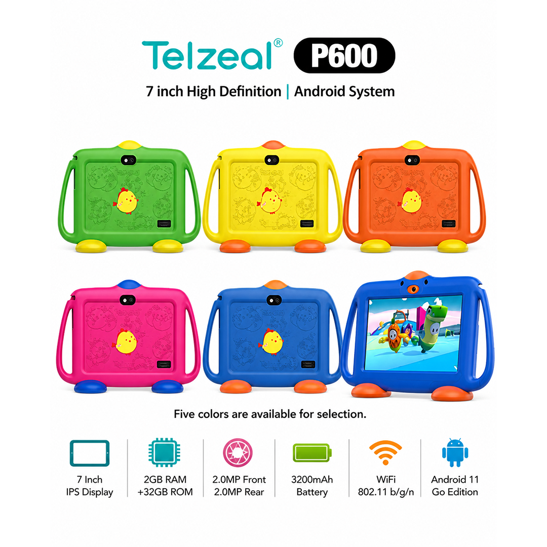 P600 Kids Tablet 7-Inch HD Display, Android 10.1, 5G WiFi, 6GB RAM 128GB Storage, Dual Camera, Parental Control, Multi-Language Support, Learning Tablet