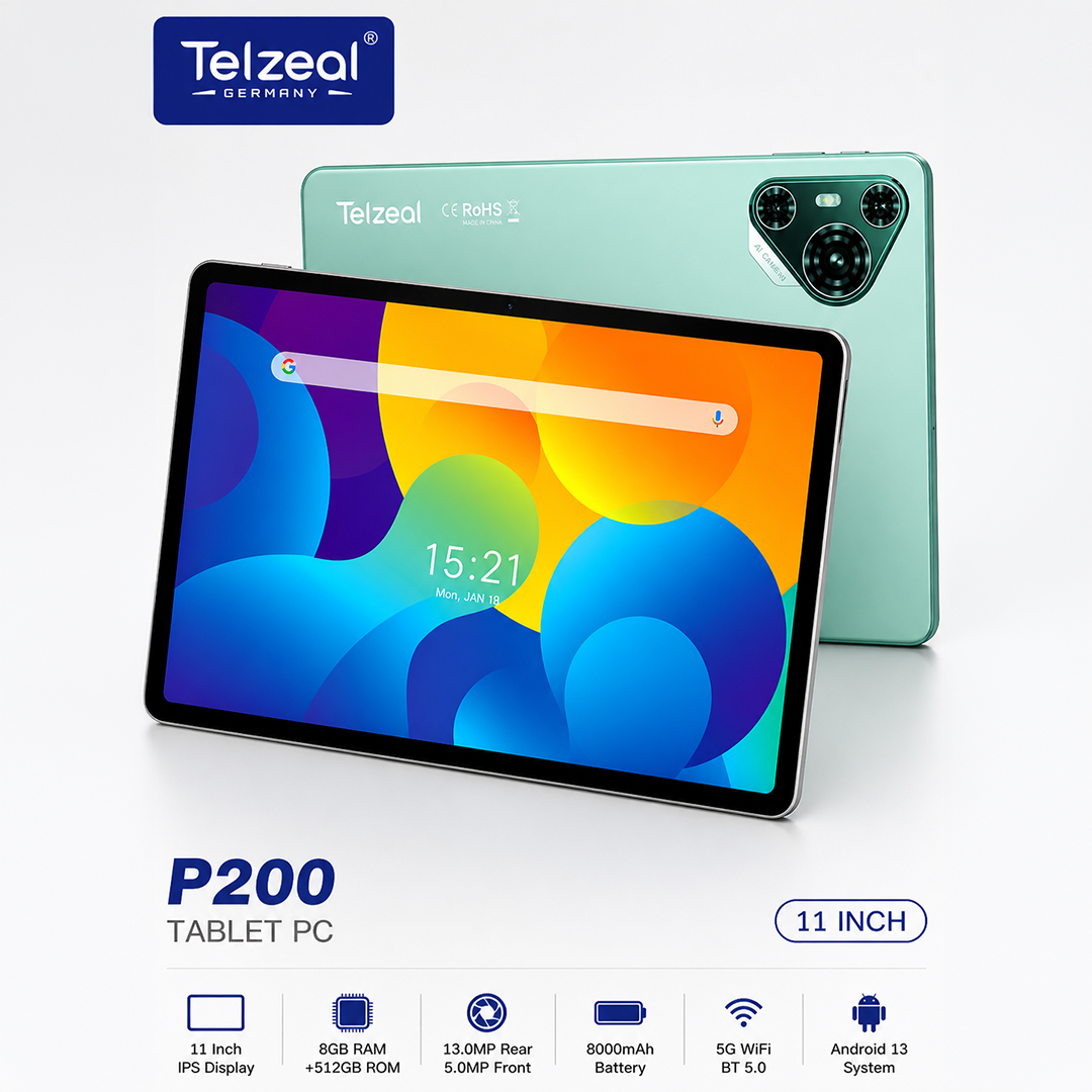 P200 11-Inch Android 13 Tablet | 12GB RAM + 512GB Storage | 10000mAh Battery | Dual SIM 4G LTE | Wireless Keyboard & Mouse Bundle | Slim Design for Study, Work & Entertainment – Green