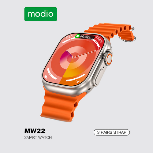 Modio MW22 Smartwatch 2.2 Inch Display With 3 Pair Straps and Charging Cable Designed for Ladies and Gents Gold