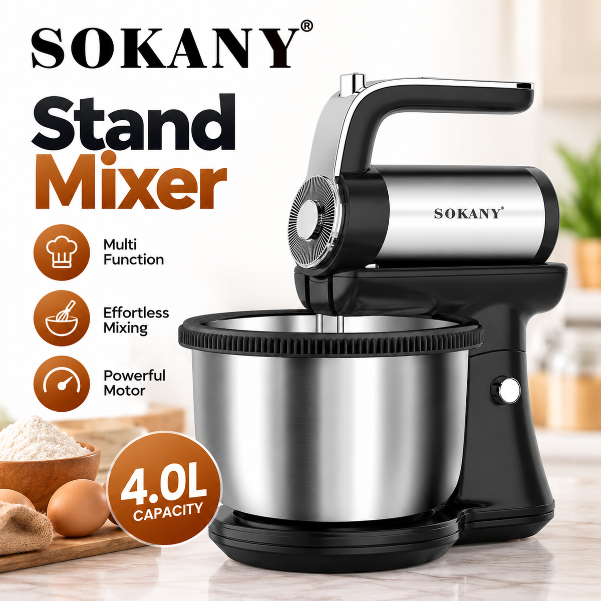 SOKANY SK-6662 Electric Stand Mixer 1000W - 5-Speed Tilt-Head Mixer with Stainless Steel Bowl, Dough Hook, Wire Whisk & Beater for Baking & Food Mixing