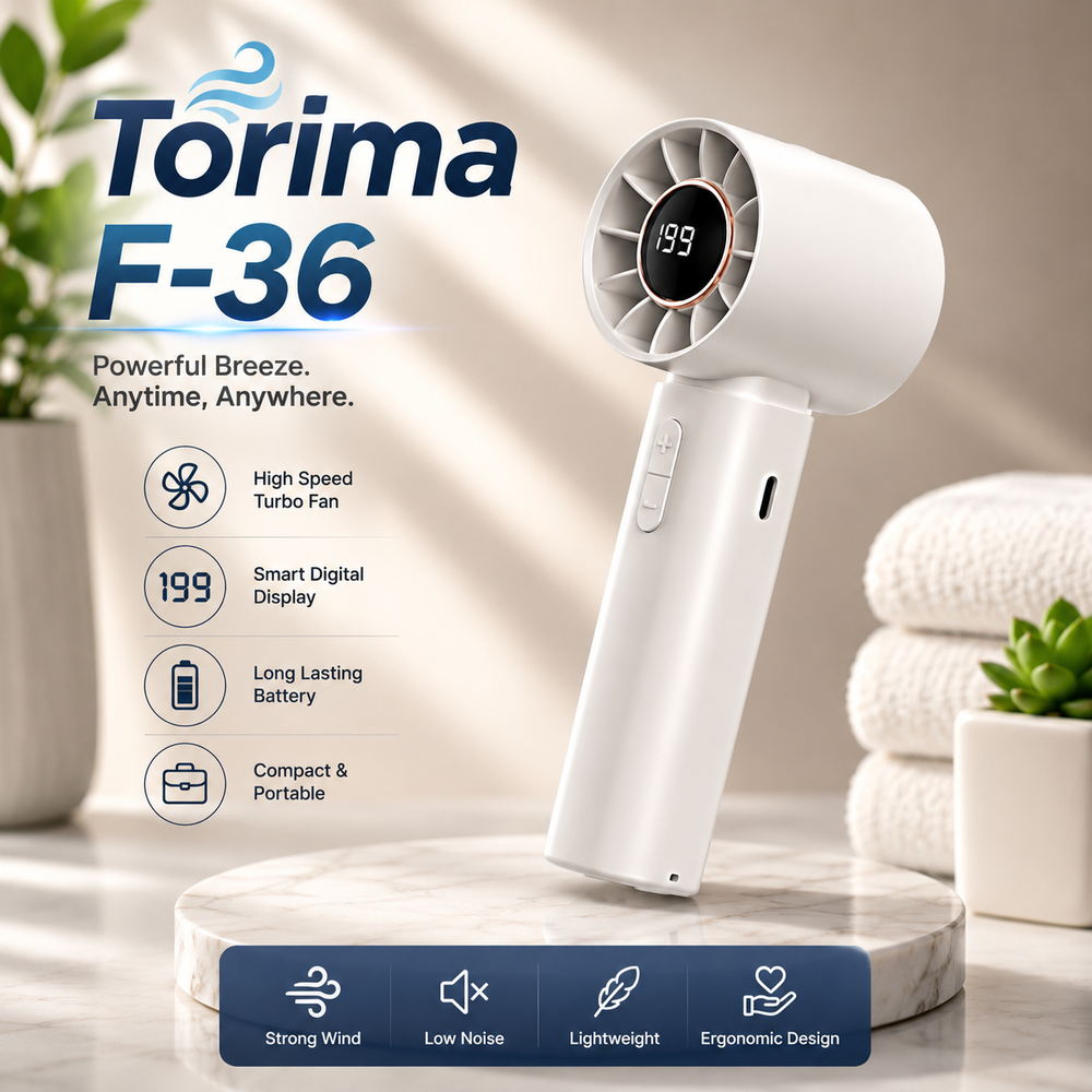 TORIMA F-36 High-Speed Portable Turbo Fan | Rechargeable Handheld Air Blower | Digital Display | USB-C Fast Charging