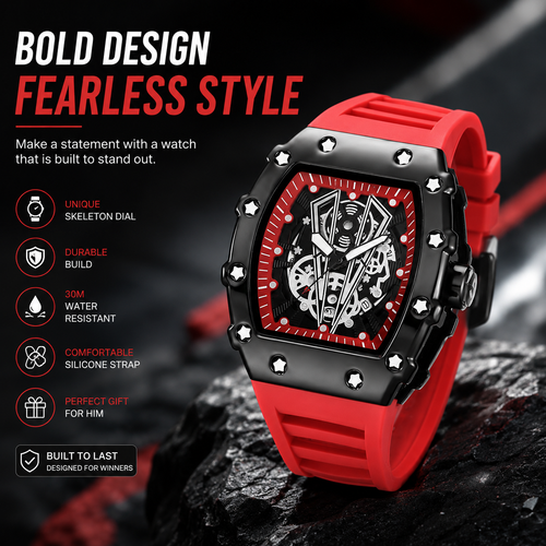 Luxury Skeleton Dial Men's Watch – Premium Silicone Strap, Quartz Analog Wristwatch, Sport Fashion Watch | Red