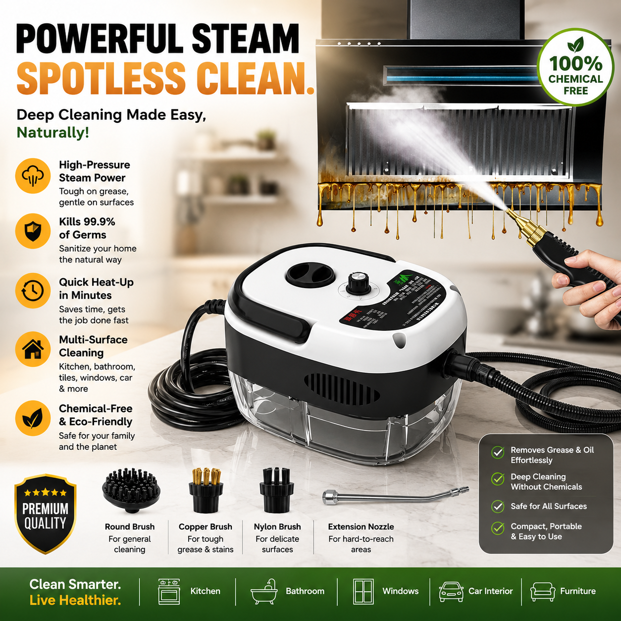 2500W High Pressure Steam Cleaners, Portable Steam Cleaner Handheld 6 Speeds for Home Kitchen Use, Steamer Cleaning Machine for Cleaning Upholstery, Bathroom, Grout and Tile, Car Detailing and Home