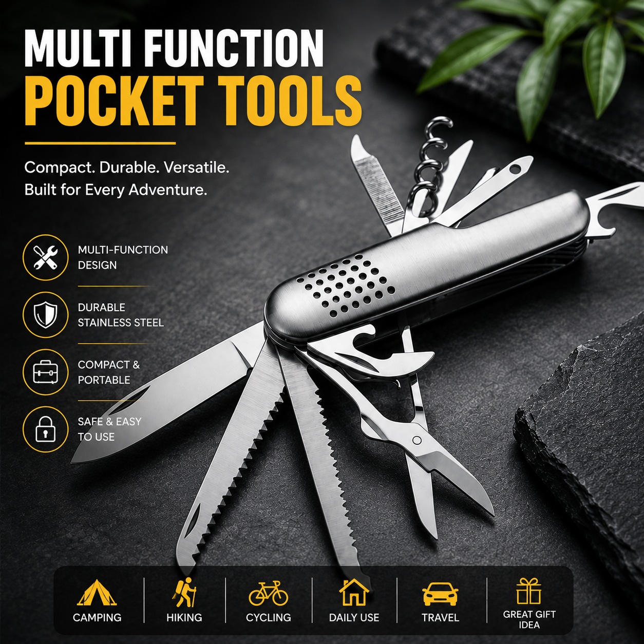 Multifunctional Knife with 11 Stainless Steel Tools for Hunting, Fishing, Camping Etc Small Pocket Folding Keychain Knife with Functions for Experiences and Adventures (Metal)