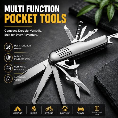Multifunctional Knife with 11 Stainless Steel Tools for Hunting, Fishing, Camping Etc Small Pocket Folding Keychain Knife with Functions for Experiences and Adventures (Metal)