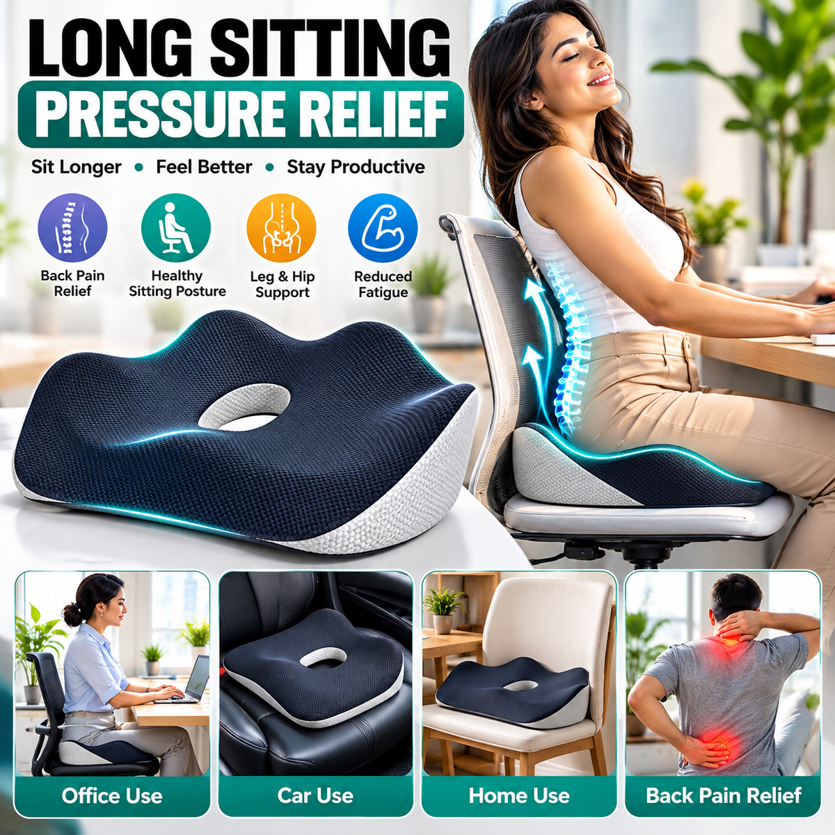 DENX  Memory Cotton Ergonomic Foam Seat Cushion – Posture Support Seat Cushion, Breathable Non-Slip Orthopedic Chair Pillow with Center Pressure Relief Hole | DX3701