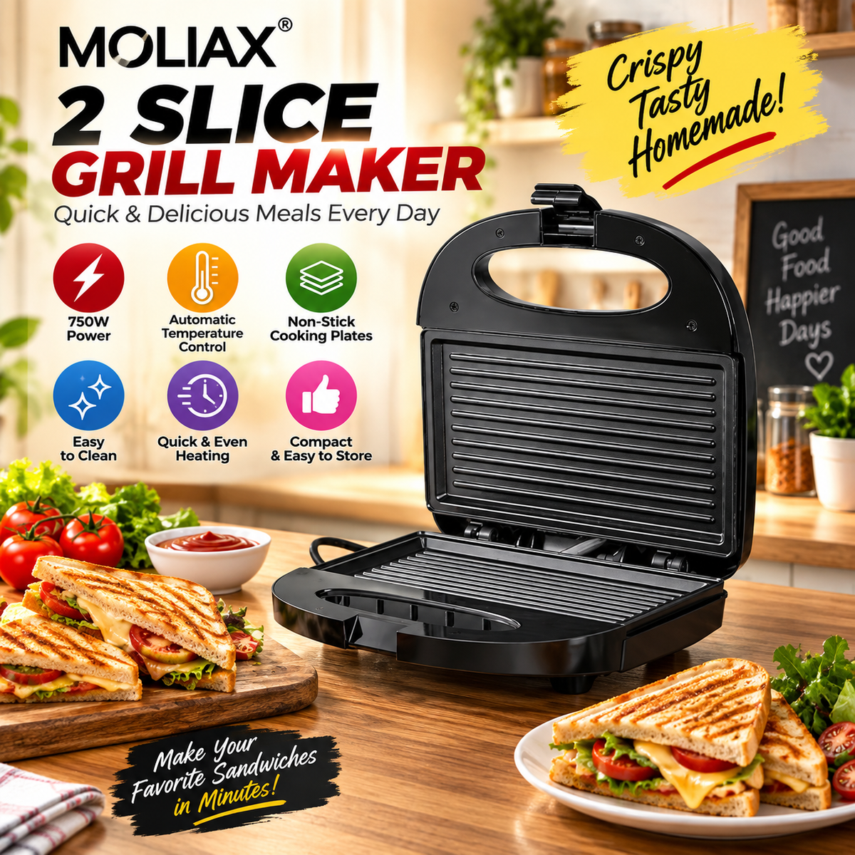 MOLIAX  MX1708 | 2-Slice Grill Maker 750W – Non-Stick Sandwich & Panini Maker Non-stick Plates, Bread Sandwich Maker