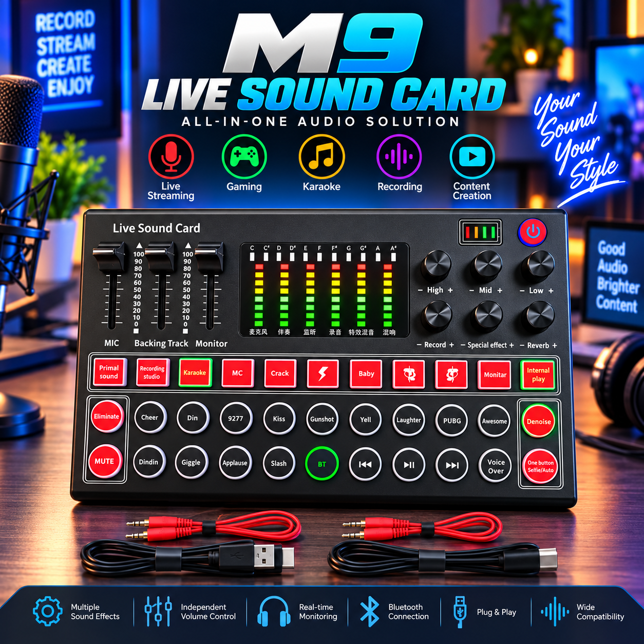 M9 Live Sound Card &Voice Mixer | Professional Audio Mixer with Bluetooth, Voice Effects & LED Display  Multi functional Tuning Sound Card, High/middle/bass Adjustable
