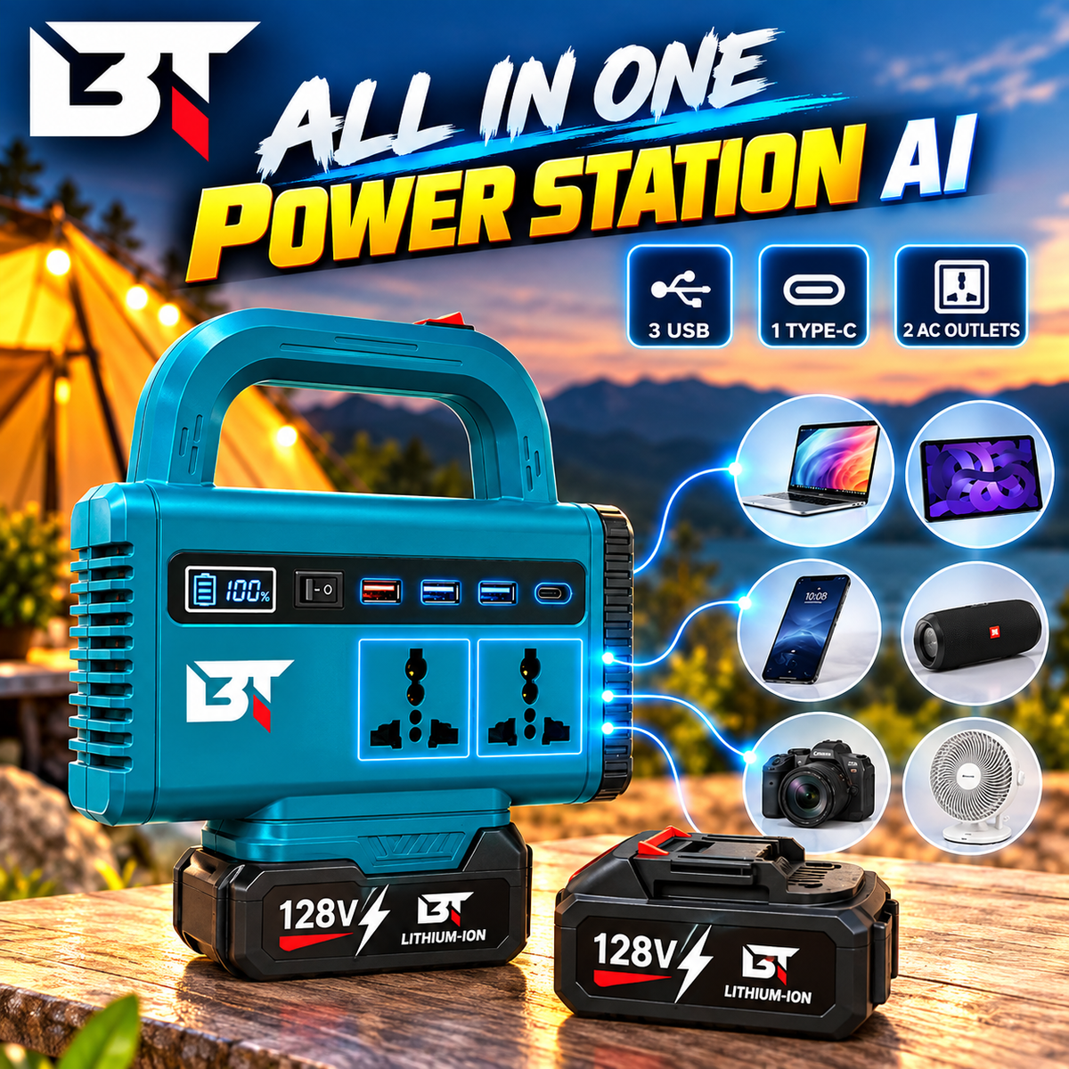 BT |  All-in-One Power Station – 128V Lithium-Ion Battery | Portable Power Supply with LED Light