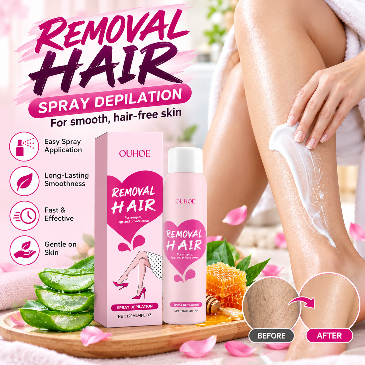 OUHOE  Hair Removal Spray 120ml, Fast and Efficient Gentle and Painless Hair Removal For Smooth Skin