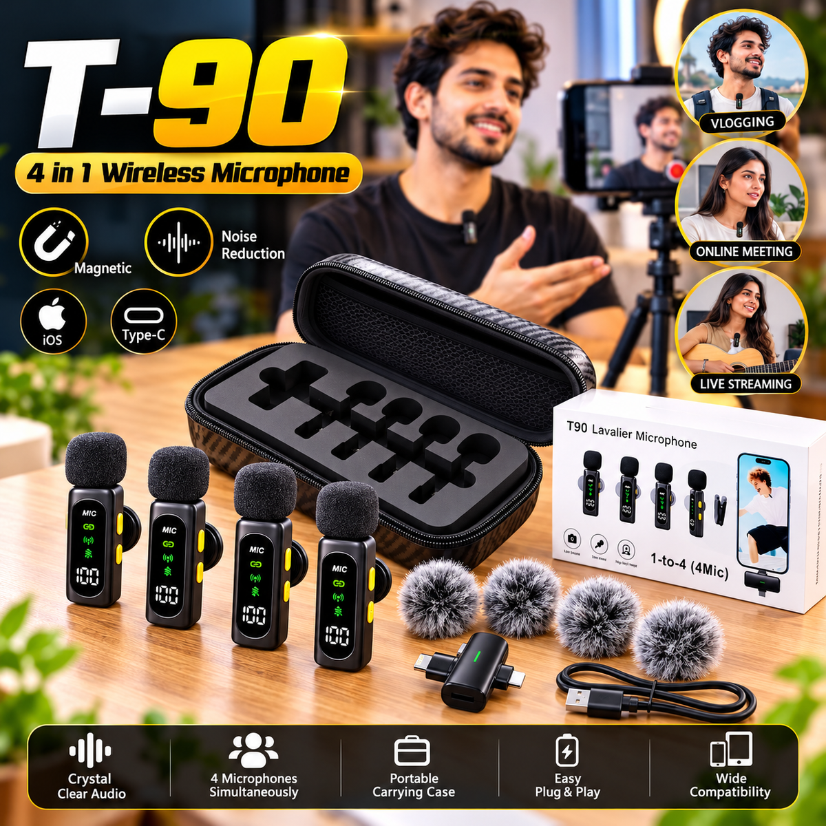T-90 4-in-1 Wireless Microphone – 4 Mics, Noise Reduction & Magnetic Clip ,Lavalier Microphone Digital  Display Noise Cancelling