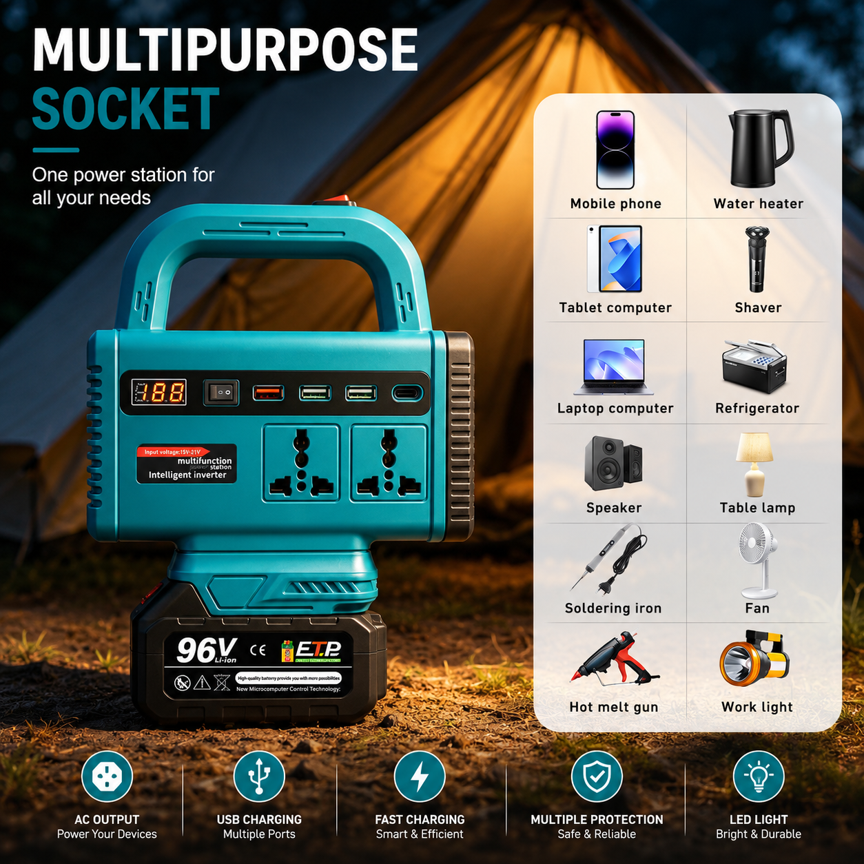 COOKCHEN | 96V All In One Portable Power Station | Multi-Function Inverter with LED Light