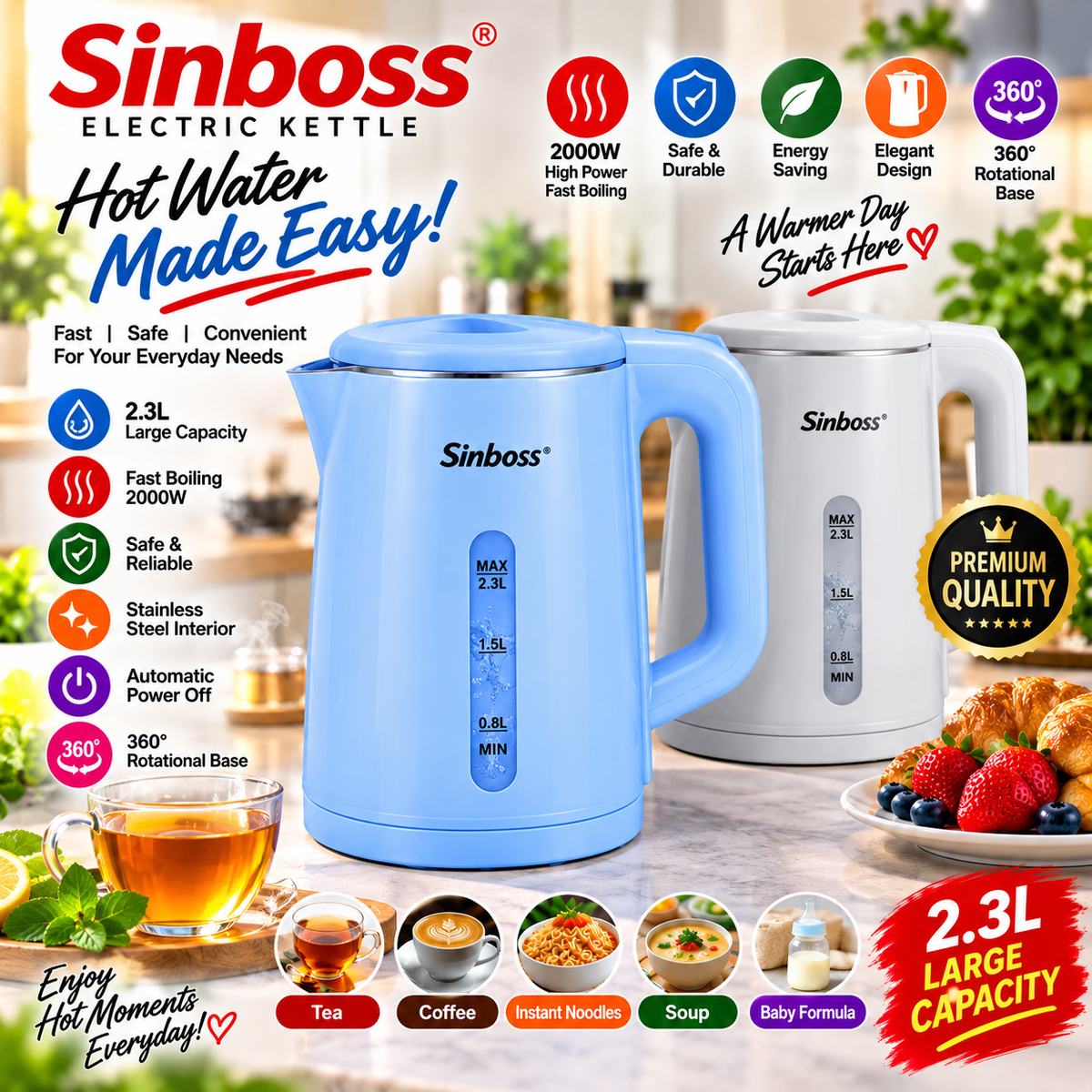 Sinboss SO-8862 High Quality Electric Kettle 2000W 2.3L Blue/Purple Rapid Boil Water Heater