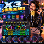 X3 Sound card With BM800 Complete Microphone Set – RGB Audio Mixer for Podcasting, Gaming, Recording & Live Streaming