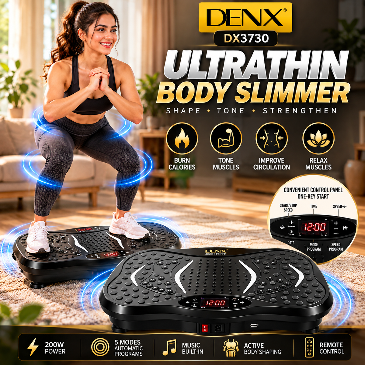 DENX DX3730 Ultrathin Body Slimmer – Vibration Fitness & Exercise Machine , with 5 Operating Modes and Music Speakers