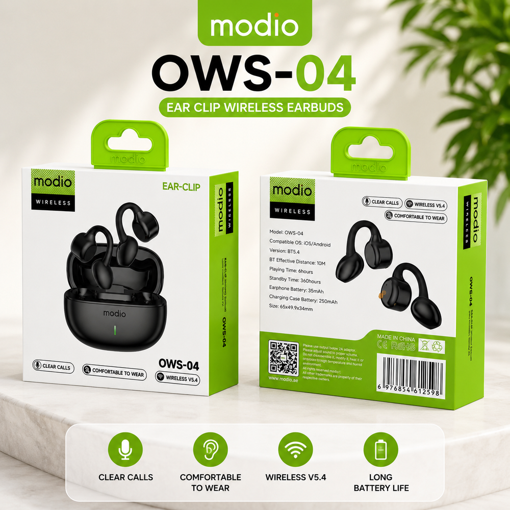 MODIO OWS-04 Wireless Ear Clip Earbuds – Bluetooth 5.4 Open-Ear Headphones with Charging Case, HD Calls & Long Battery Life