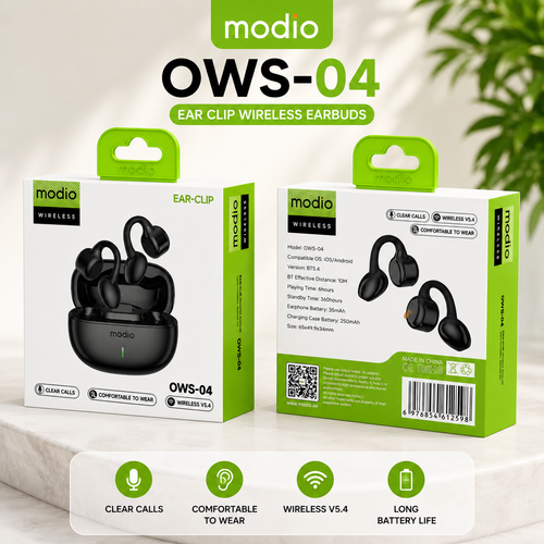 MODIO OWS-04 Wireless Ear Clip Earbuds – Bluetooth 5.4 Open-Ear Headphones with Charging Case, HD Calls & Long Battery Life