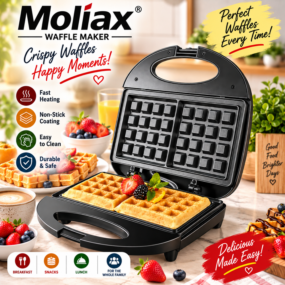 Moliax  MX 1709 Waffle Maker – Non-Stick Belgian Waffle Maker for Crispy Homemade Waffles with Non Stick Coating and Cool Touch Handle