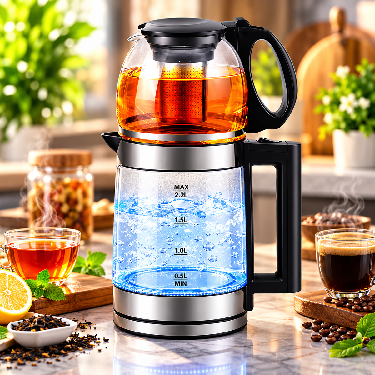 GEEMAX  2-in-1 Electric Glass Kettle,Clear, 2.5L Water Boiler with 1L Teapot, Tea Strainer, Fast Boil, Auto Shut-Off, Cordless Base | GMC 2002