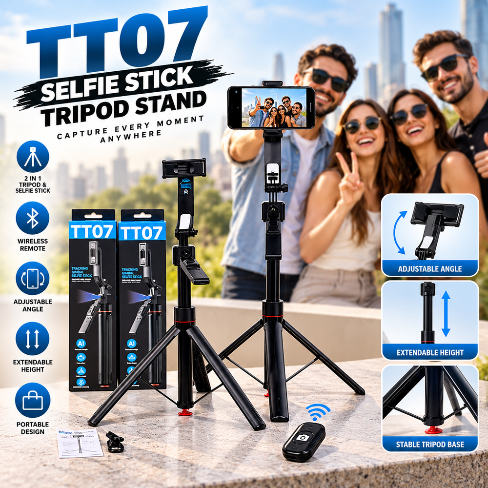 TT07 AI Tracking Gimbal Selfie Stick with Tripod & Remote Control – 1.63M | Auto Face Tracking, Black Extendable Monopod with Wireless Remote