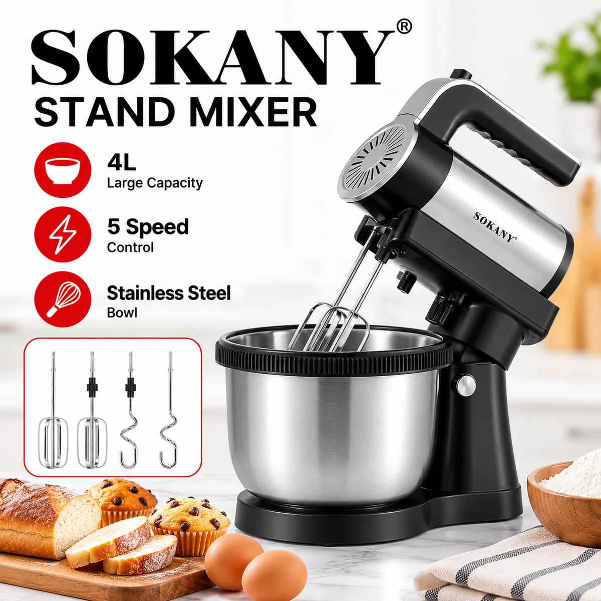 SOKANY SK-6662 Electric Stand Mixer 1000W - 5-Speed Tilt-Head Mixer with Stainless Steel Bowl, Dough Hook, Wire Whisk & Beater for Baking & Food Mixing