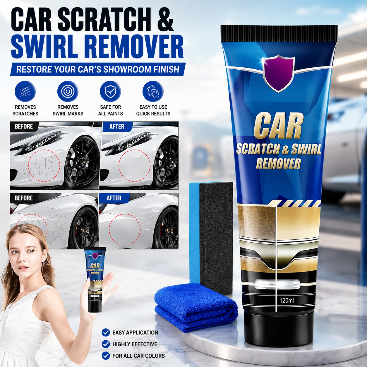 Rayhong RA-0103 Car Scratch & Swirl Remover Cream 60ml | Paint Scratch Repair Polish Kit with Sponge