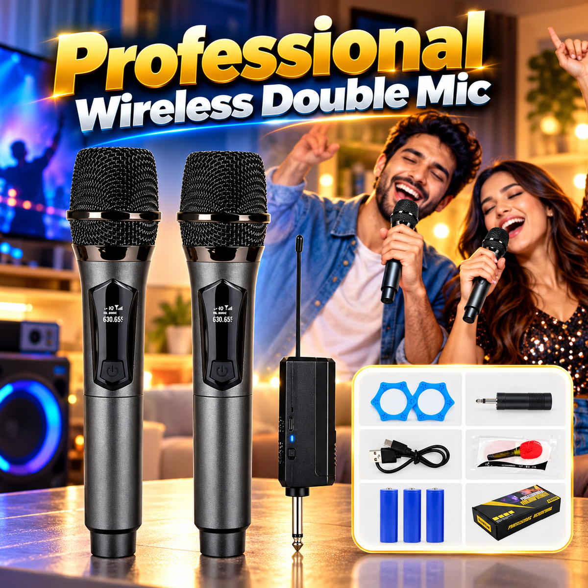 Professional Wireless Dual Handheld Microphone Set (2 pc) – Model 18650 | LED Display & Type-C Charging, 30M Reception Range, Karaoke Microphone Set for Singing