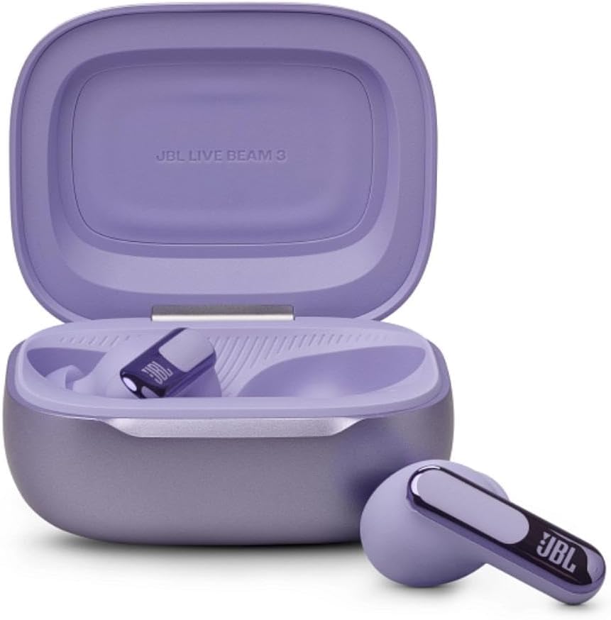 JBL Live Beam 3 True wireless noise-cancelling earbuds with stick-closed design and Smart Charging Case, Purple