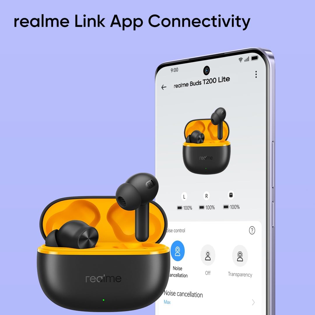 Realme T200 Lite True Wireless Bluetooth Earbuds – Deep Bass, AI ENC Calls & Long Battery Life (Black)