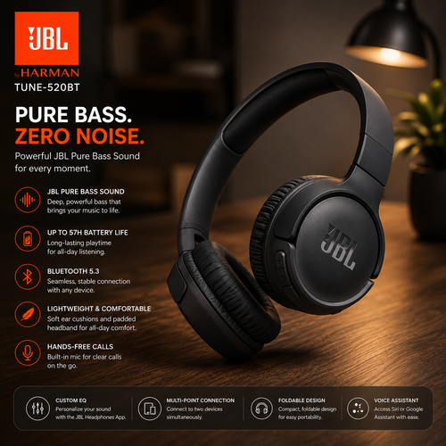 JBL Tune 520BT Wireless Headphones, Pure Bass Sound, Hands-Free Call Lightweight and Foldable - Black