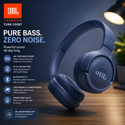 JBL Tune 520BT Wireless Headphones, Pure Bass Sound, Hands-Free Call  Lightweight and Foldable - Blue