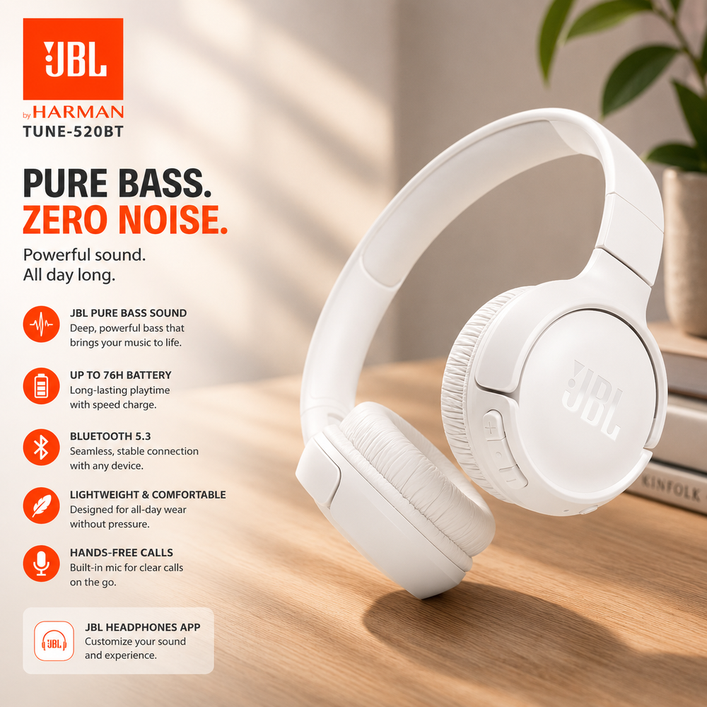 JBL Tune 520BT Wireless Headphones, Pure Bass Sound, Hands-Free Call Lightweight and Foldable - White