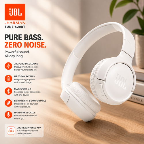 JBL Tune 520BT Wireless Headphones, Pure Bass Sound, Hands-Free Call Lightweight and Foldable - White