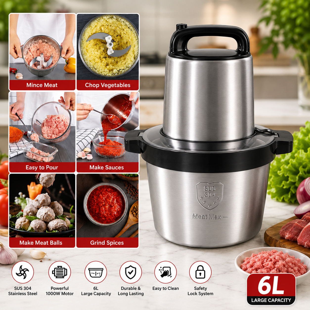 KING STYLE 6L TDL- G01 Electric Meat Grinder & Food Chopper – Stainless Steel Multi-Function Kitchen Processor