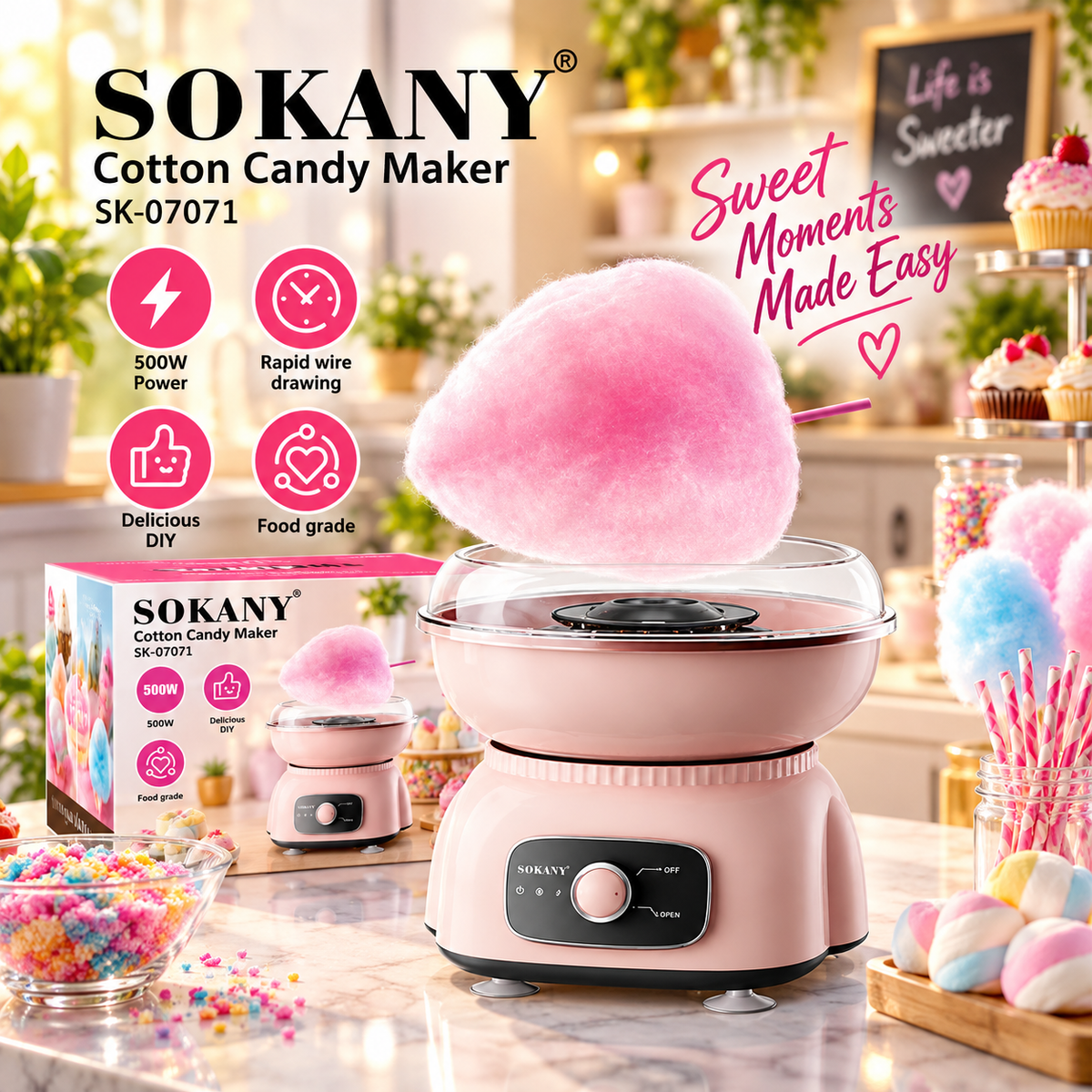 SOKANY SK-07071 Cotton Candy Maker – 500W Mini Home Candy Floss Machine Electric Appliance Cotton Candy Maker for Children