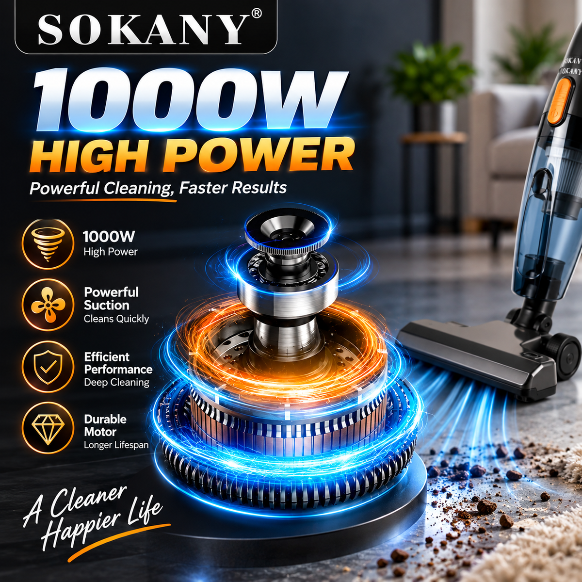SOKANY SK-3389 3200W High-Power Vacuum Cleaner With 2.5L Dust Bucket And Cyclone Filtration