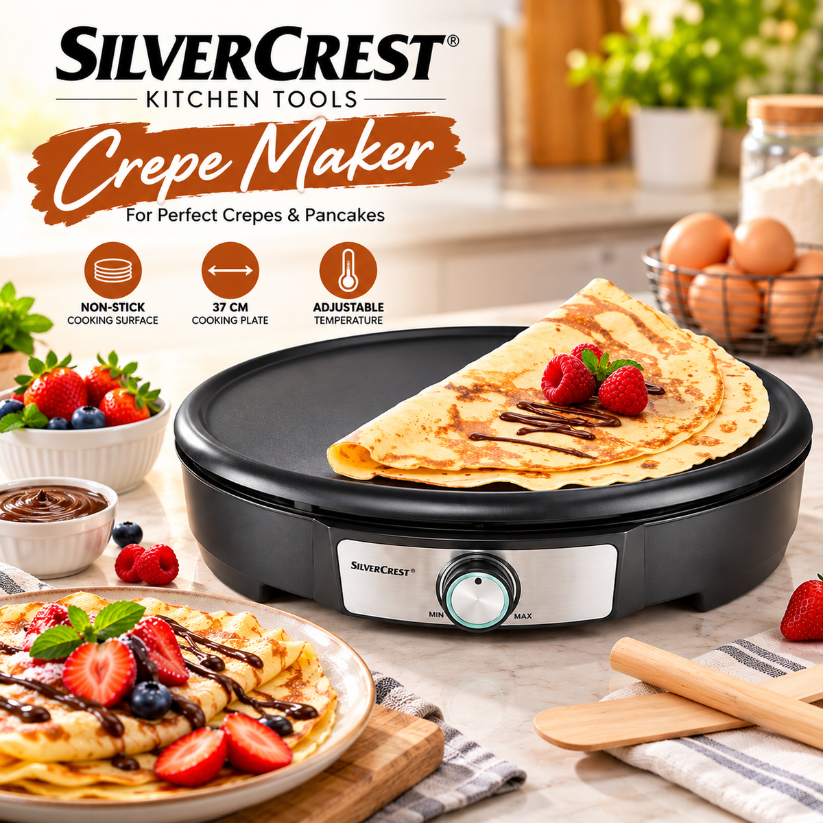 Silver Crest Electric Crêpe Maker 37cm – 1500W Non-Stick Pancake Griddle