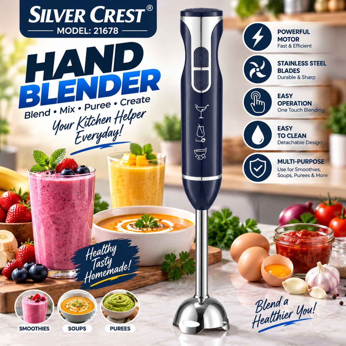 Silver Crest 21678 Hand Blender – Stainless Steel Immersion Blender | Kitchen Gadgets Portable | Powerful Handheld Mixer Blender Stick for Shakes Soup Puree Meat Jams Garlic Tomato