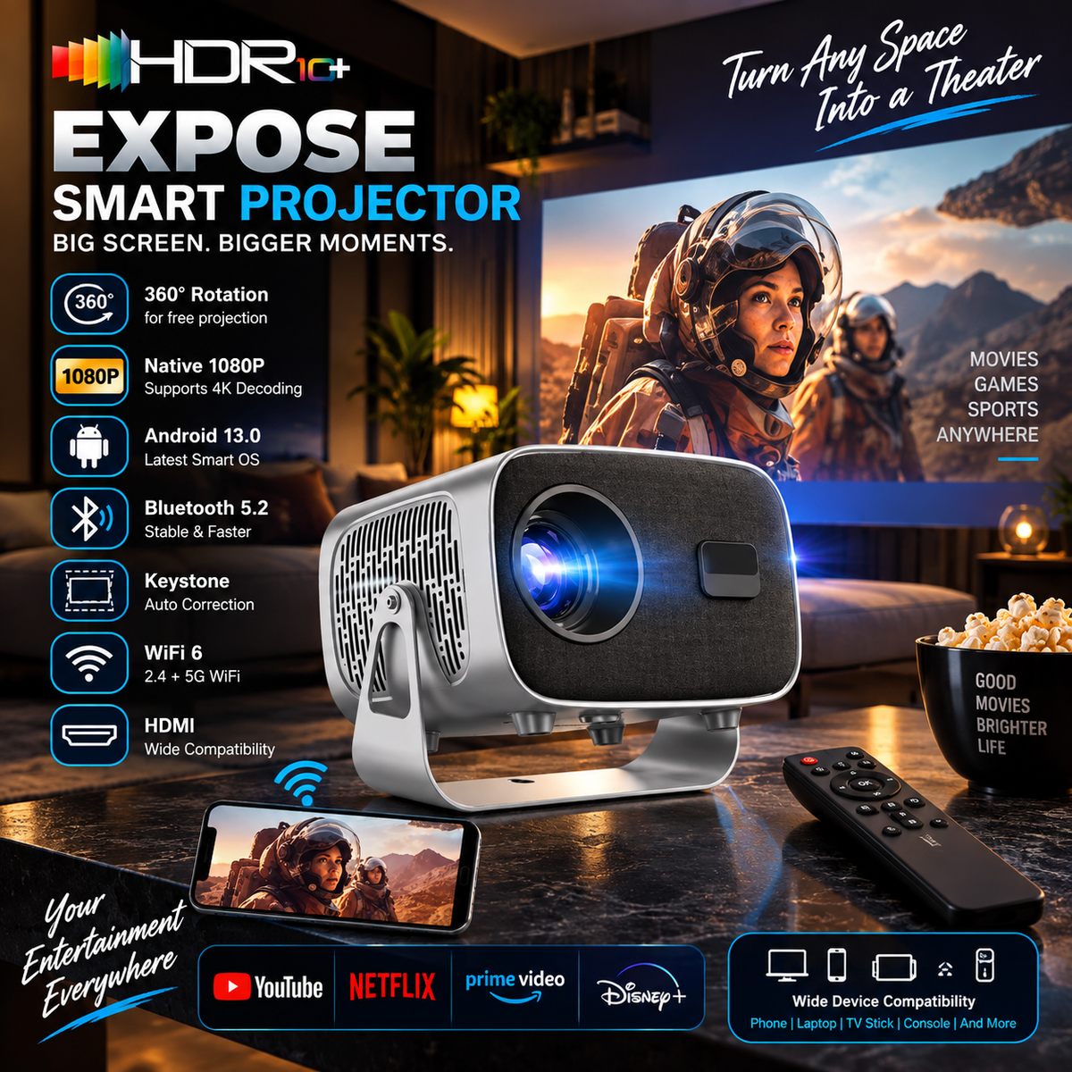 A10 Android Projector Support WIFI/BT5.0 4K Portable Projector with Autofocus & Keystone 5W Speakers Smart Home Projector for Phone Laptop
