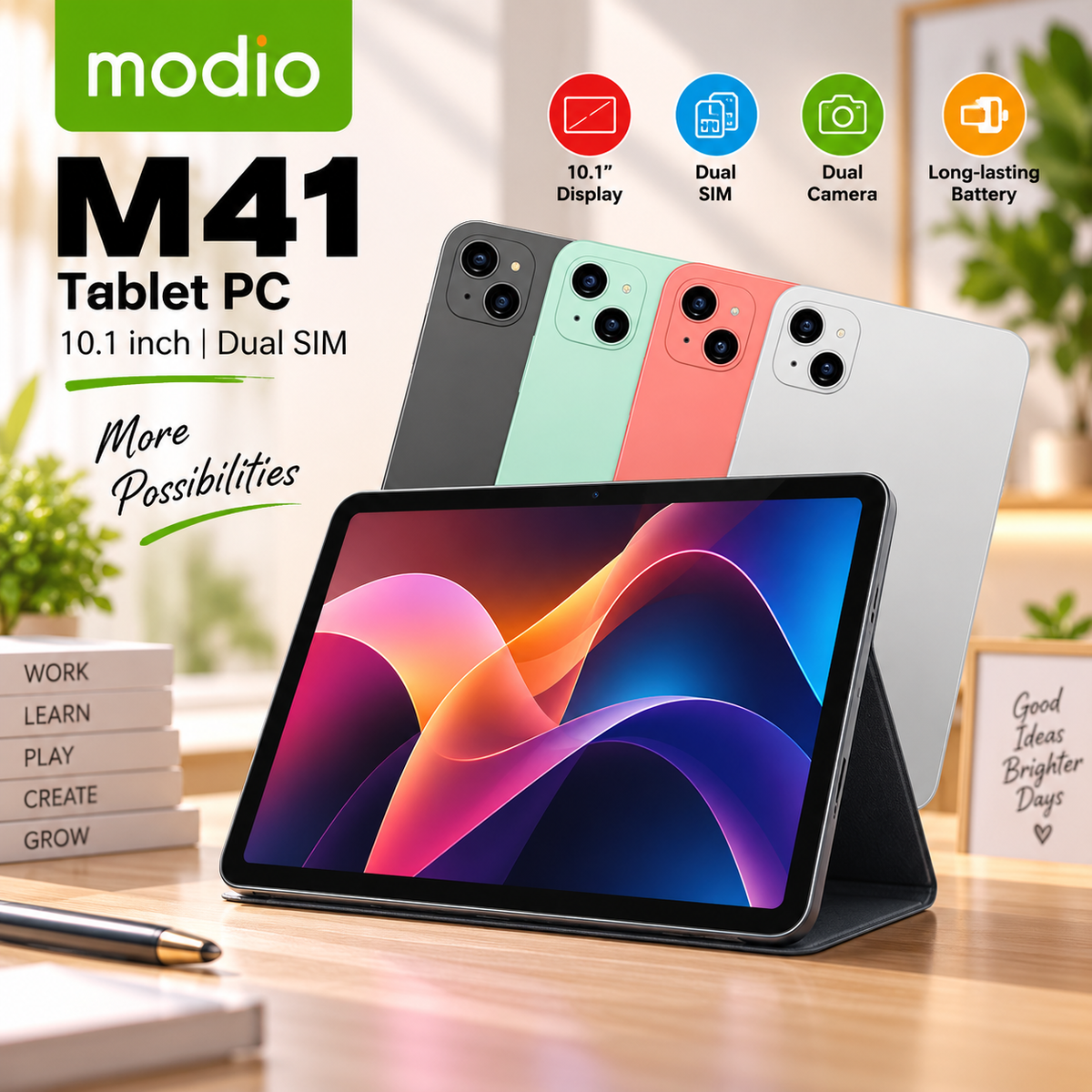 Modio M41 10.1" Tablet PC – Dual SIM | 8000mAh | Android 13 | 13MP+8MP Camera | with Keyboard, Mouse & Stylus