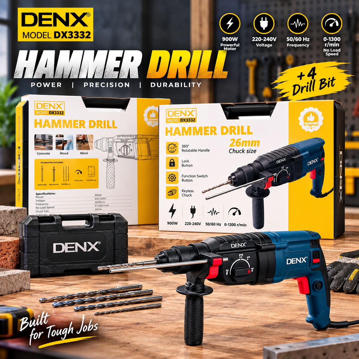 DENX DX3332 Hammer Drill 900W – 26mm Chuck Heavy-Duty Electric Drill | Drill designed for heavy-duty drilling tasks