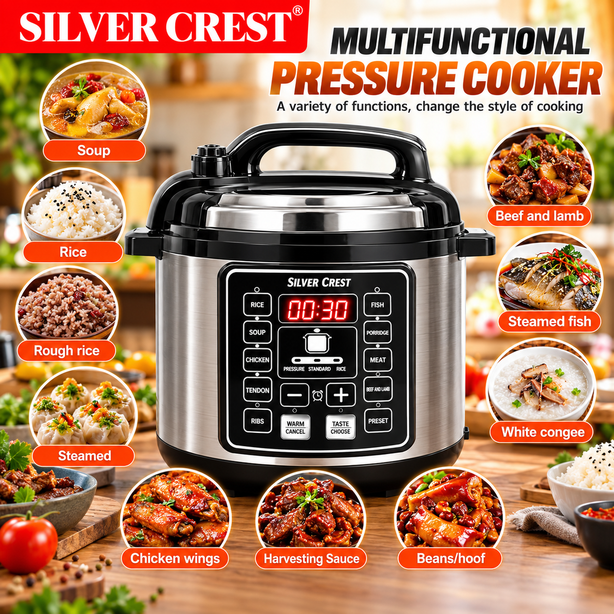 Silver Crest 6L Electric Pressure Cooker – 1050W Multifunctional Digital Programmable Cooker, Digital Controls, 10 Cooking Programs, Programmable Rice Cooker, Fast Cooking & Keep Warm Function