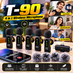 T-90 4-in-1 Wireless Microphone – 4 Mics, Noise Reduction & Magnetic Clip ,Lavalier Microphone Digital  Display Noise Cancelling